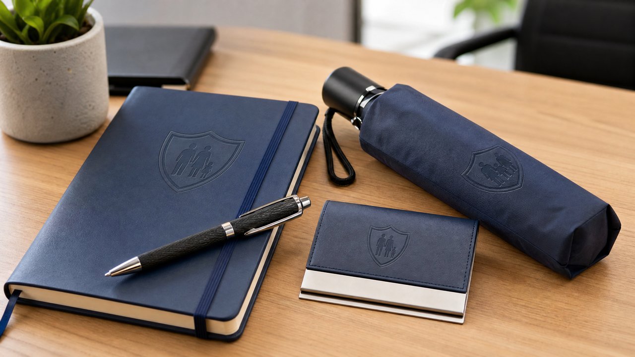 Caderno, caneta, guarda-chuva e porta-cartões personalizados para corretoras de seguros