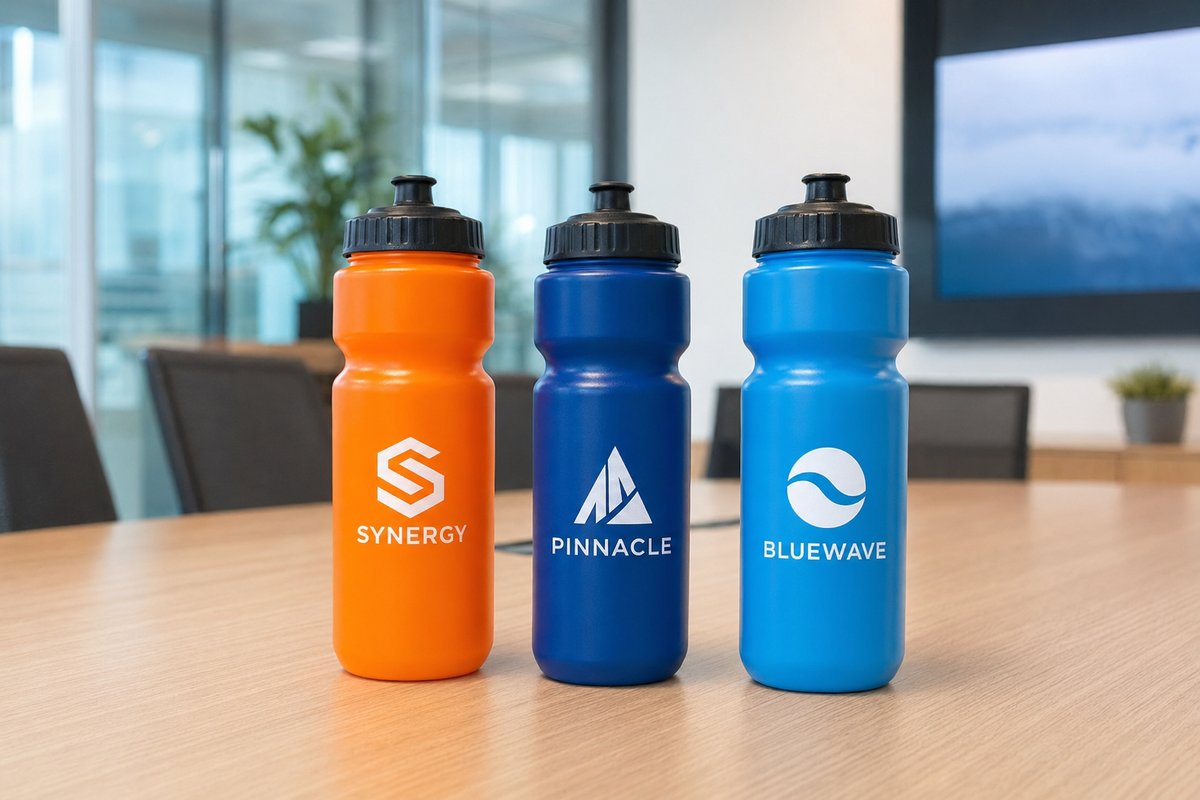 Squeezes personalizados coloridos com logos corporativos em sala de reunião