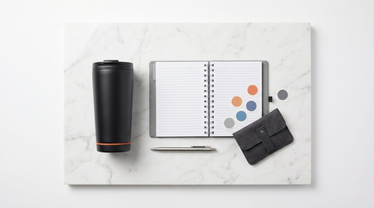 Flat lay de brindes corporativos para membros de coworking sobre superfície de mármore