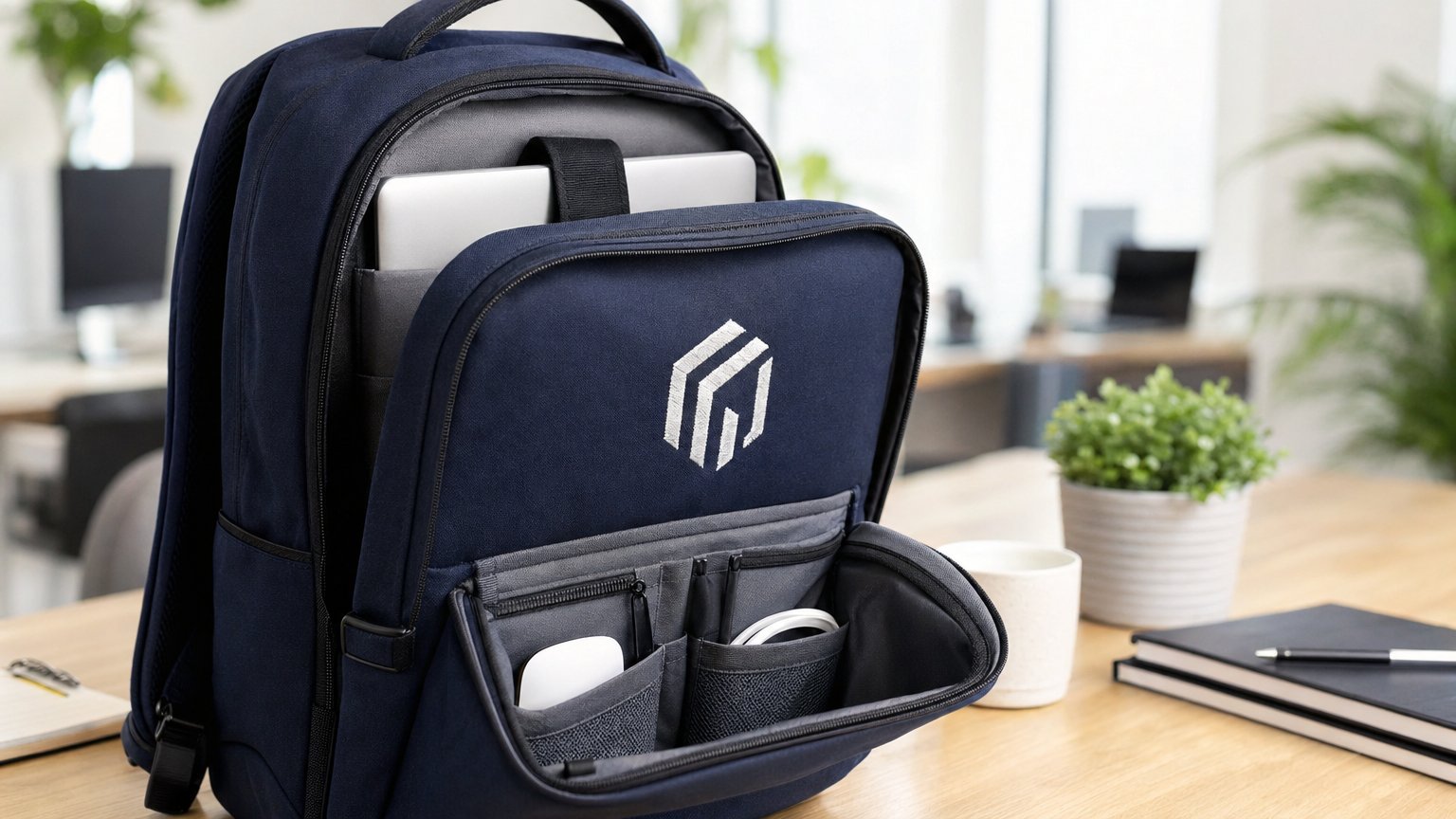 Mochila executiva personalizada com bordado de logo corporativo em ambiente de escritório
