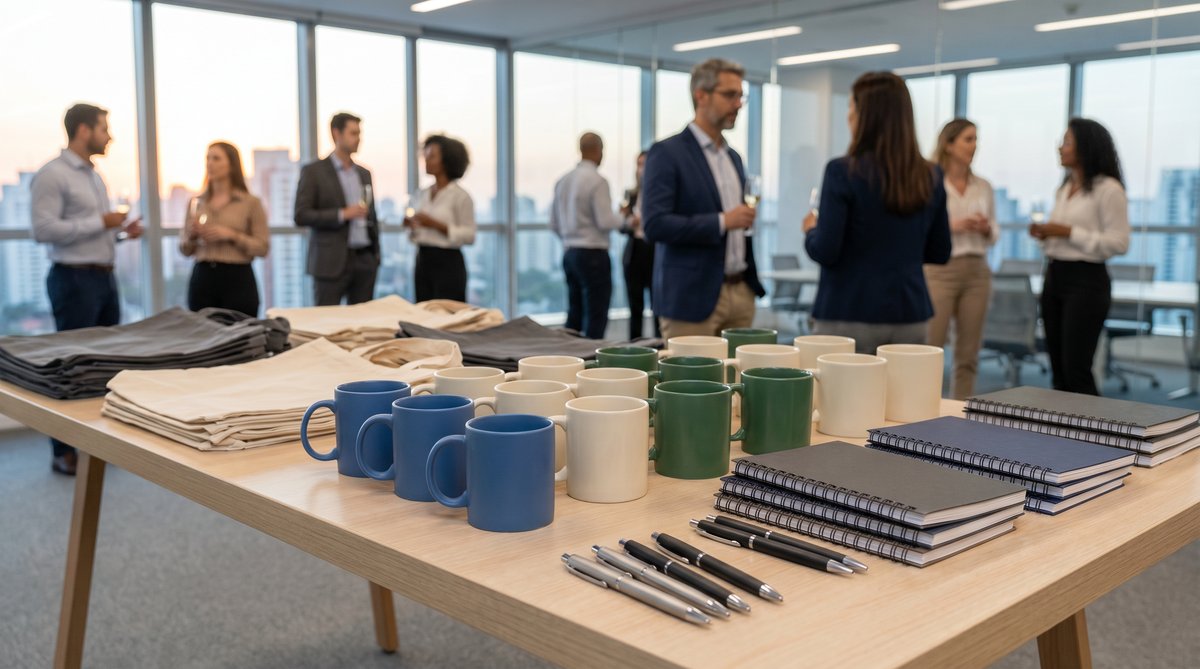 Mesa com brindes corporativos para eventos empresariais: canecas, cadernos, sacolas e canetas