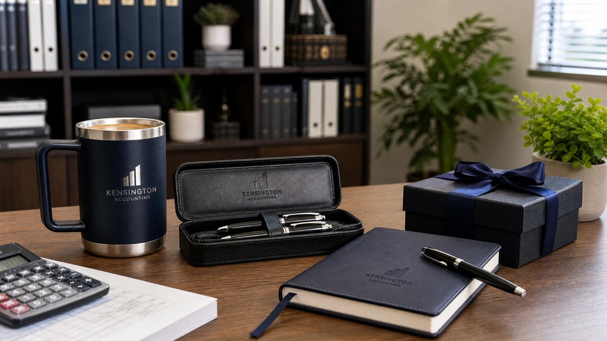 Mesa de escritório de contabilidade com brindes corporativos personalizados: caneca térmica, conjunto de canetas e caderno executivo